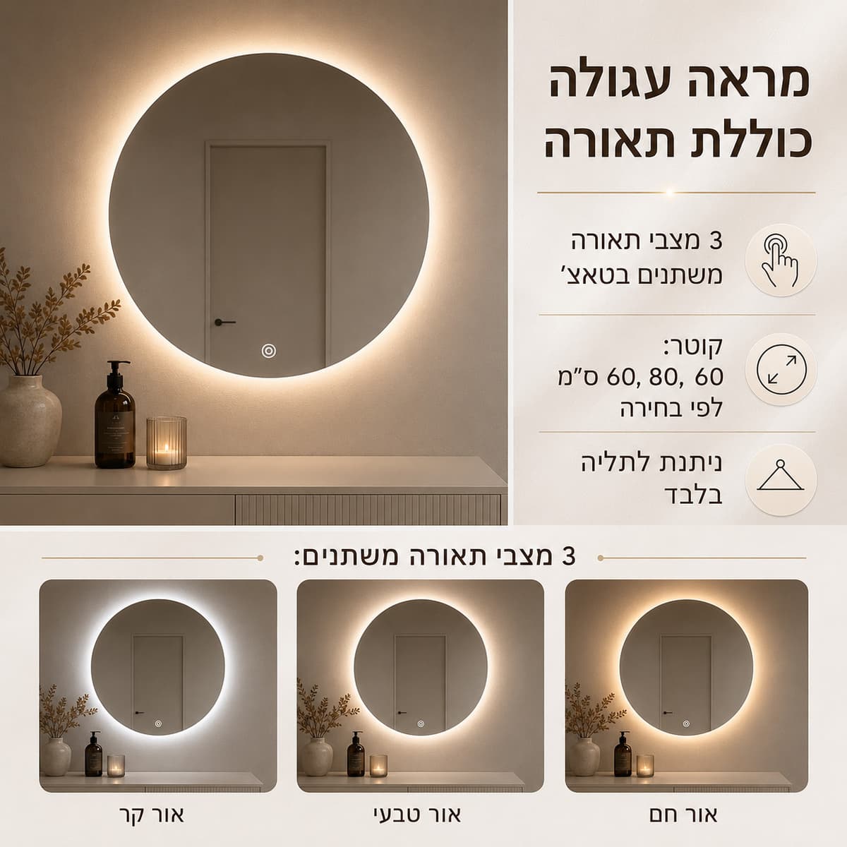 מראה עגולה לד דגם "Light"